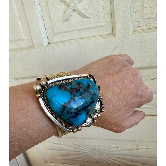 Vintage Ray Nez Heavy Large Blue Turquoise Sterling Cuff Bracelet - Picture 4 of 14